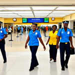 **

A welcoming scene at Grantley Adams International Airport in Barbados. Focus on the arrival experience: warm smiles from airport staff, the modern and organized arrival hall, and hints of Barbadian culture (local music playing, displays of art). Capture the "home away from home" feeling.

**