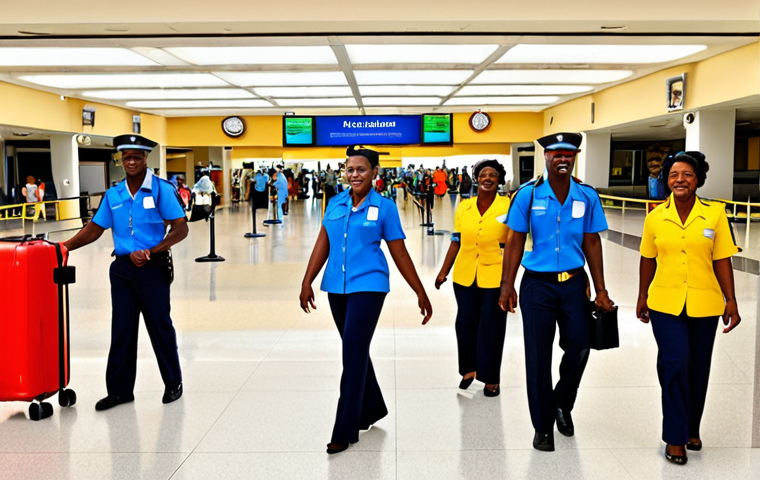 **
A welcoming scene at Grantley Adams International Airport in Barbados. Focus on the arrival experience: warm smiles from airport staff, the modern and organized arrival hall, and hints of Barbadian culture (local music playing, displays of art). Capture the "home away from home" feeling.
**