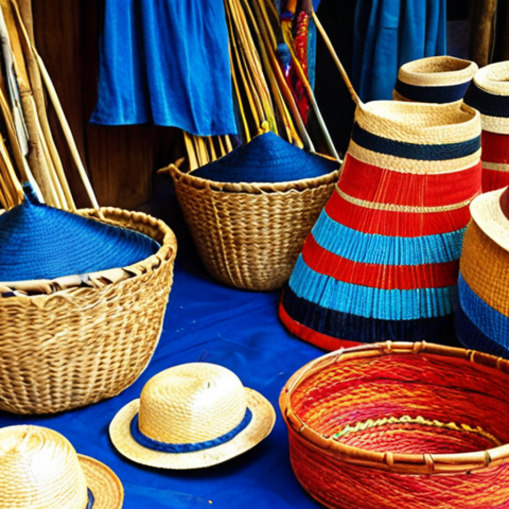**Vibrant Barbadian crafts market scene. Handwoven baskets and hats made from palm leaves and reeds. Colorful textiles with natural indigo, turmeric, and annatto dyes. Sunny, tropical atmosphere.**
