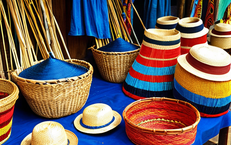 **Vibrant Barbadian crafts market scene. Handwoven baskets and hats made from palm leaves and reeds. Colorful textiles with natural indigo, turmeric, and annatto dyes. Sunny, tropical atmosphere.**