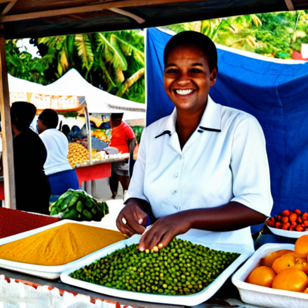 A joyful Bajan local vendor, fully clothed in traditional modest attire, smiling warmly while standing behind a colorful stall filled with fresh fruits and fragrant spices at a bustling outdoor market in Bridgetown, Barbados. The atmosphere is vibrant and family-friendly, with soft sunlight filtering through, highlighting the rich textures and lively spirit of the island. Safe for work, appropriate content, perfect anatomy, correct proportions, natural pose, well-formed hands, proper finger count, natural body proportions, professional photography, high quality, modest clothing.
