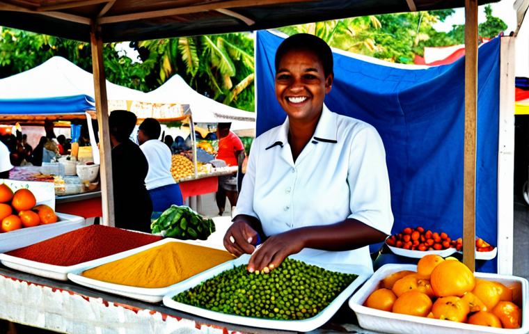 A joyful Bajan local vendor, fully clothed in traditional modest attire, smiling warmly while standing behind a colorful stall filled with fresh fruits and fragrant spices at a bustling outdoor market in Bridgetown, Barbados. The atmosphere is vibrant and family-friendly, with soft sunlight filtering through, highlighting the rich textures and lively spirit of the island. Safe for work, appropriate content, perfect anatomy, correct proportions, natural pose, well-formed hands, proper finger count, natural body proportions, professional photography, high quality, modest clothing.