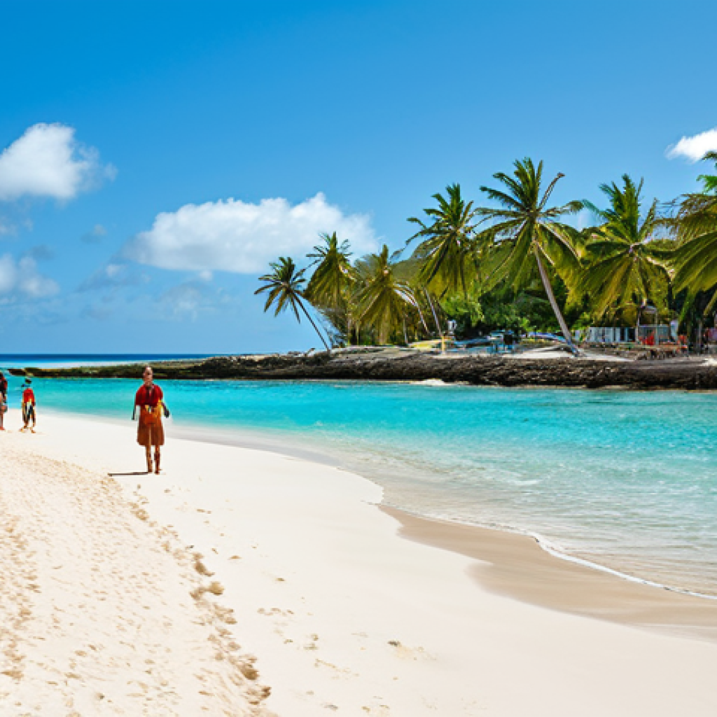 Barbados Beach Scene**
"A picturesque Barbados beach, crystal clear turquoise water, white sand, fully clothed tourists enjoying swimming and sunbathing, palm trees swaying gently, bright sunny day, appropriate attire, safe for work, perfect anatomy, natural proportions, professional travel photography, high quality, family-friendly."
**