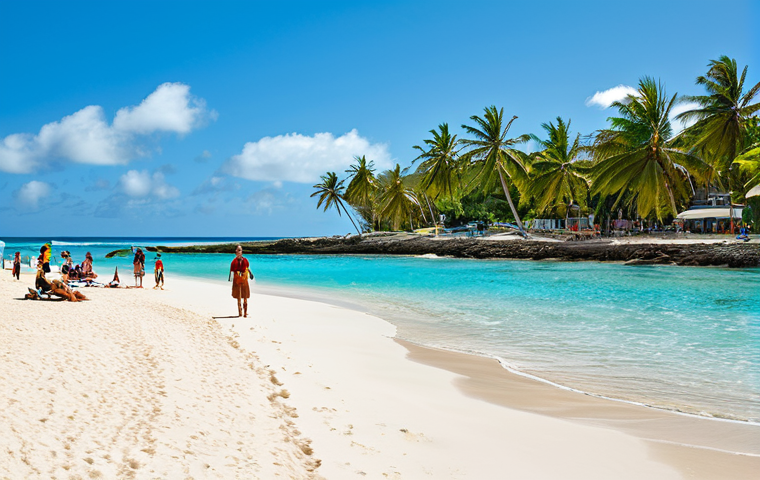 Barbados Beach Scene**

"A picturesque Barbados beach, crystal clear turquoise water, white sand, fully clothed tourists enjoying swimming and sunbathing, palm trees swaying gently, bright sunny day, appropriate attire, safe for work, perfect anatomy, natural proportions, professional travel photography, high quality, family-friendly."

**