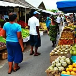바베이도스에서 금기되는 행동 - **Prompt:** A bustling and friendly Barbadian local market on a sunny day. Locals and tourists, all ...