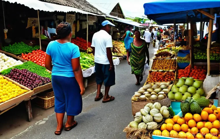 바베이도스에서 금기되는 행동 - **Prompt:** A bustling and friendly Barbadian local market on a sunny day. Locals and tourists, all ...