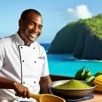 바베이도스 쿠쿠 레시피 - **Prompt:** A vibrant, sun-drenched scene on a Caribbean island. In the foreground, a passionate loc...