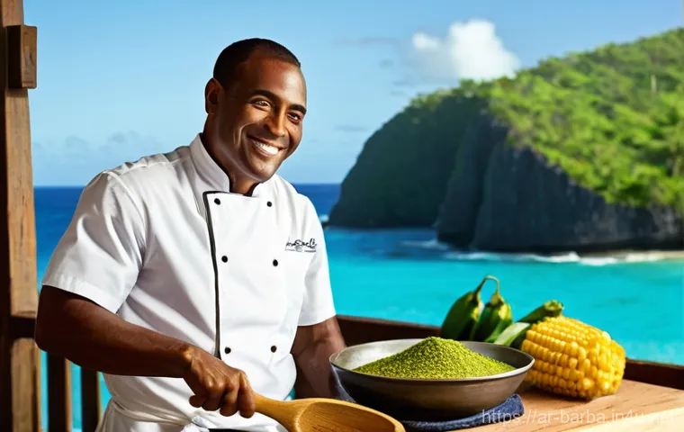 바베이도스 쿠쿠 레시피 - **Prompt:** A vibrant, sun-drenched scene on a Caribbean island. In the foreground, a passionate loc...