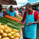 바베이도스 신용카드 사용 가능 여부 - **Barbados Local Market Transaction:** A vibrant, open-air local market in Bridgetown, Barbados. Sun...