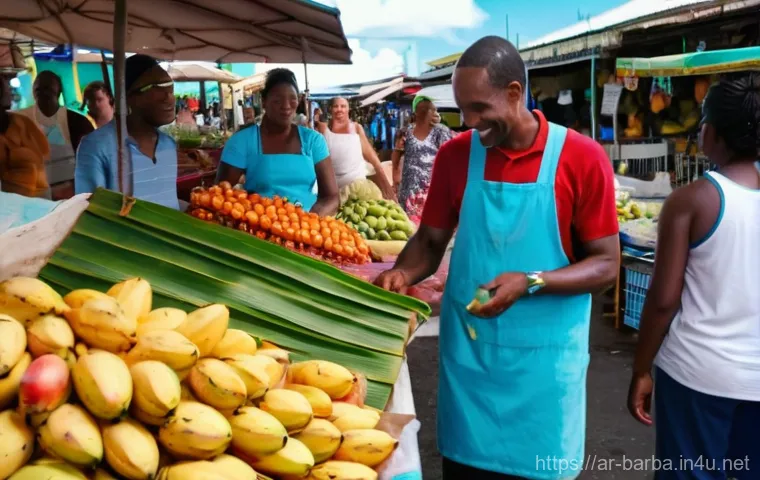 바베이도스 신용카드 사용 가능 여부 - **Barbados Local Market Transaction:** A vibrant, open-air local market in Bridgetown, Barbados. Sun...