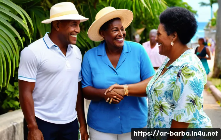 바베이도스 카리브해 문화 차이 - **Warm Barbadian Greetings and Personal Space**
    "A vibrant, sun-drenched street scene in Bridget...