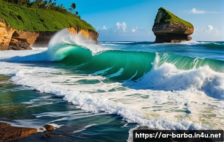 바베이도스 바스셰바 해변 서핑 - **The Mighty Soup Bowl: Surfer's Paradise**
    A professional surfer, wearing a modest, brightly co...
