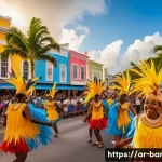 바베이도스 관광 산업의 도전과 기회 - A vibrant scene of Barbados&rsquo; Crop Over Festival at sunset, showcasing a diverse crowd of joyful tour...