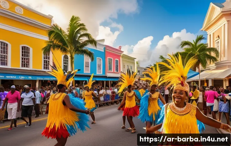 바베이도스 관광 산업의 도전과 기회 - A vibrant scene of Barbados&rsquo; Crop Over Festival at sunset, showcasing a diverse crowd of joyful tour...