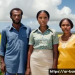 바베이도스 유럽 정착 과정 - A detailed scene depicting a Barbadian family in the 1970s preparing to emigrate to Europe, showcasi...