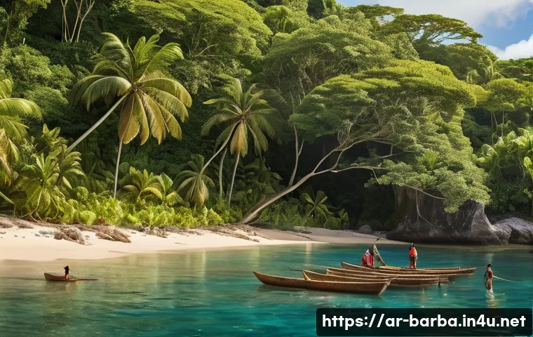 바베이도스 초기 원주민 문화 - A vibrant scene depicting indigenous Barbadian people engaged in traditional sustainable fishing and...