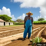 바베이도스 기후 변화 영향 - A vibrant rural Barbados farm scene during a dry season, showing a farmer in lightweight clothing an...