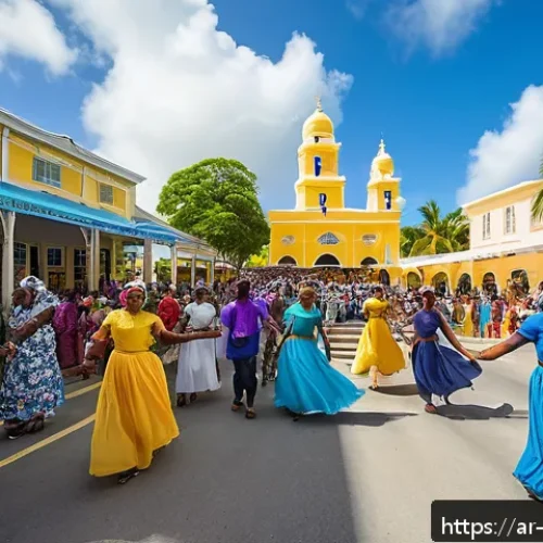 바베이도스와 카리브 국가 관계 - A vibrant Caribbean cultural festival scene in Barbados showcasing diverse groups of people in tradi...