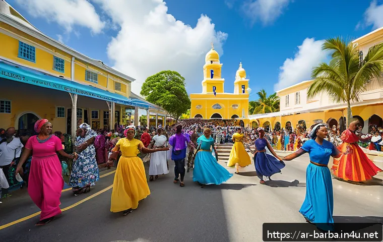 바베이도스와 카리브 국가 관계 - A vibrant Caribbean cultural festival scene in Barbados showcasing diverse groups of people in tradi...