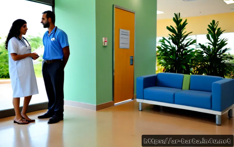 Home 17 바베이도스 의료 시스템 및 병원 - Photorealistic modern hospital reception in Barbados, a friendly Arab family consulting with a profe...