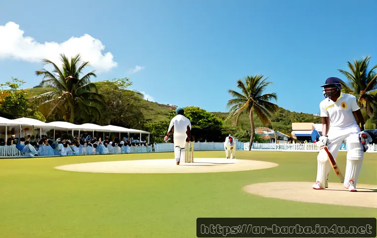 바베이도스에서 인기 있는 스포츠 - Photorealistic cricket match in Barbados, diverse Caribbean players in clean white uniforms on a sun...